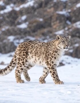 portrait of a beautiful snow leopard walking calmly while looking at the Camera