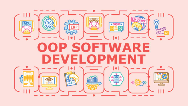 Oop software development banner infographic. Constructor abstraction, polymorphism inheritance, property encapsulate icon vector illustration