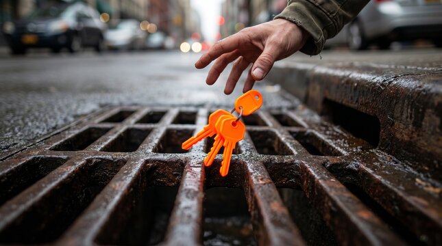 Person reaching for bright orange keys dropped near a storm drain