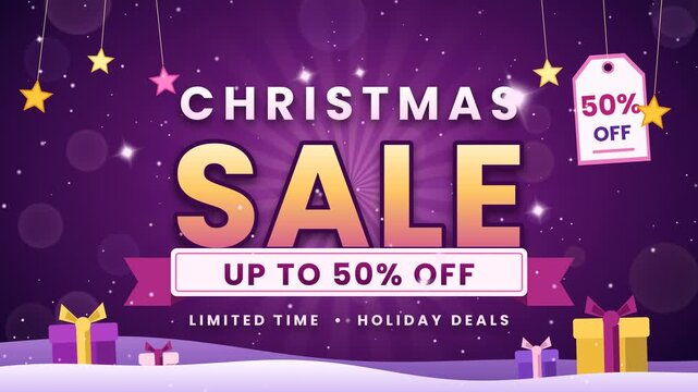 Animated Christmas sale promo, up to 50% off, on a magical purple night with hanging gold stars, twinkling sparkles, price tag, snow and gift boxes. 4K motion graphic.