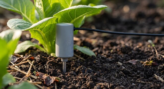 Close-up photograph of a small plain soil moisture sensor probe pushed into dark moist earth directly beside a healthy young plant.