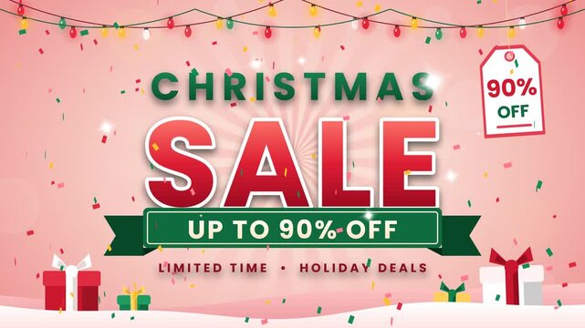 Christmas Sale Up to 90% Off Candy Red and Cream Animated Promo with Confetti, Light Garlands and Gifts