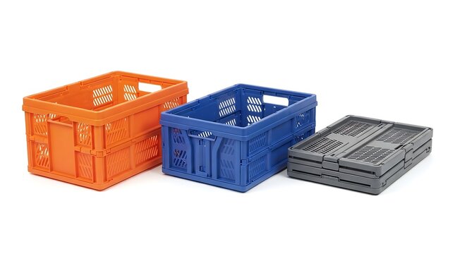 Set of colorful collapsible plastic storage crates in orange, blue, and folded grey arranged on a white surface for organization and logistics