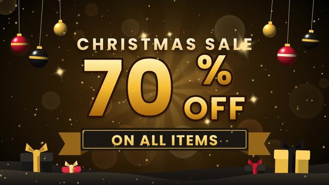 Luxury animated Christmas sale promo, 70% off, in black and gold with giant golden numbers, hanging ornaments, falling gold glitter and gift boxes. 4K motion graphic.
