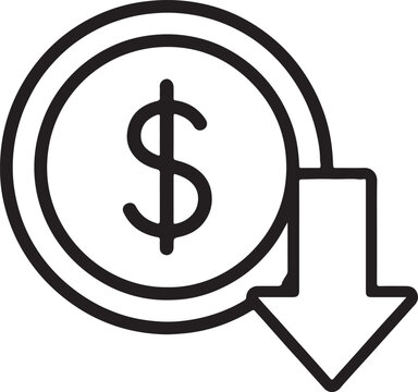 Vector icon of a dollar coin with a downward arrow isolated on