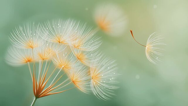 Dandelion seed detaches and drifts away in a gentle breeze. Nature, growth and renewal concept