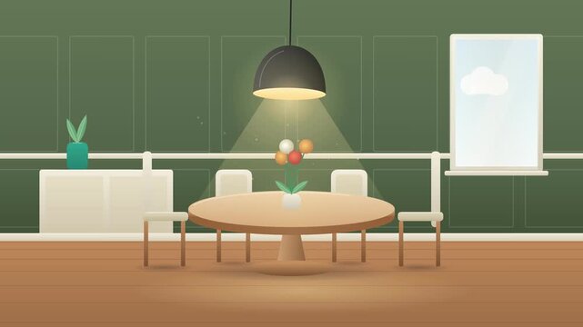 Modern minimalist dining room interior with a round wooden table and pendant lighting.
