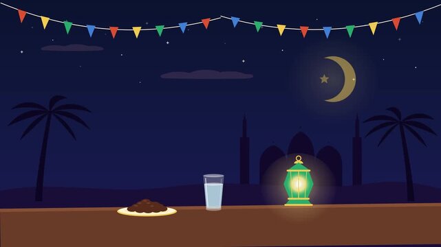 Iftar time Ramadan sunset animation with mosque silhouette, setting sun turning to night, crescent moon rising, palm trees and glowing lantern