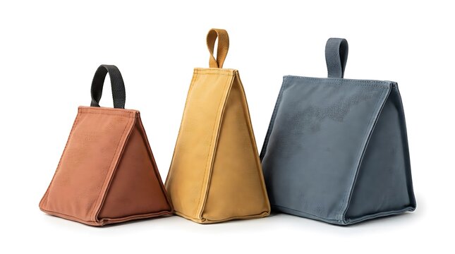 Three triangular textured doorstops in rust, ochre, and slate blue stand upright with loop handles, suited to home decor and product catalogs
