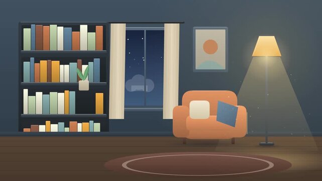 Cozy living room interior with a bookshelf armchair and floor lamp at night.