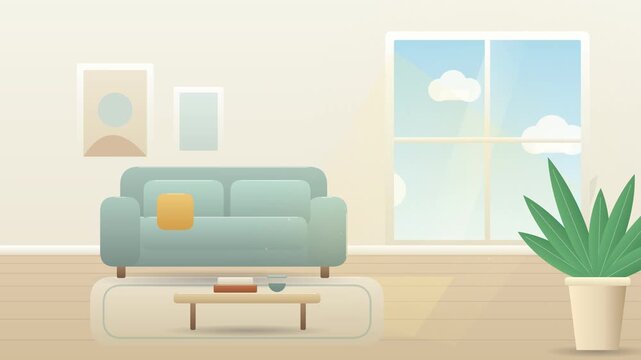 Modern minimalist living room interior with a comfortable sofa and a large window.