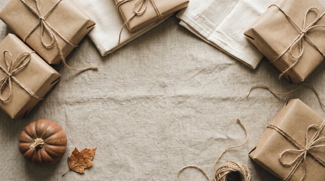Autumn gift boxes wrapped kraft paper twine with pumpkin maple leaf on linen background top view