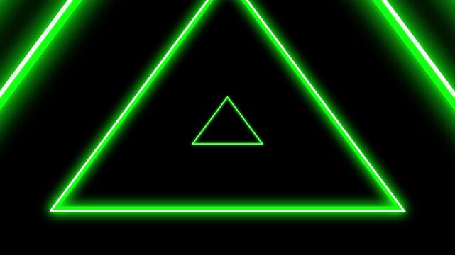 Glowing geometric frame in bright green triangular light tunnel 4K animation on black background