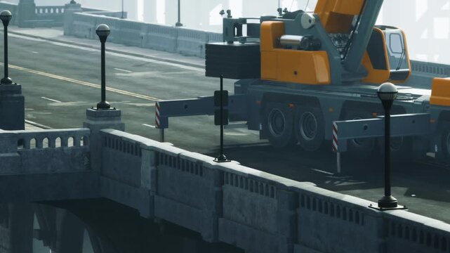 Heavy machinery is seen on a fog covered bridge. The trucks bright color contrasts with the gray surroundings. Streetlights line the road, creating an atmosphere of quiet activity.