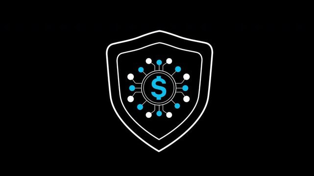 Financial security shield icon animation on transparent background showing protected currency chip with trim paths in and out. Secure fintech banking transaction, and online cyber defense concept.