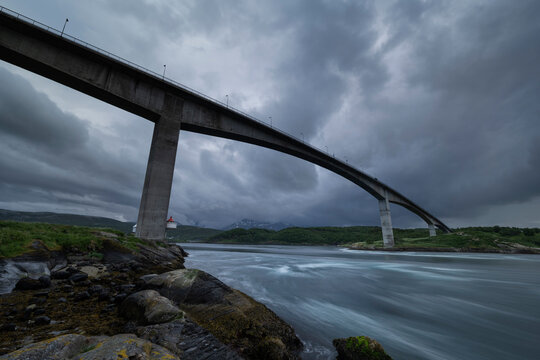 Saltstraumen bridge over flowing current of Saltstraumen Maelstrom