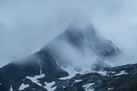 Cloudy mountain landscape near Nordfjord, Salten, Nordland, Norway