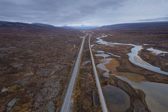 Aerial view over E6 highway over Saltfjellet, Nordland, Norway