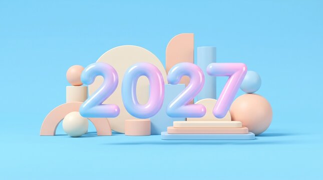3D render of the year 2027 with abstract geometric shapes and soft pastel colors.