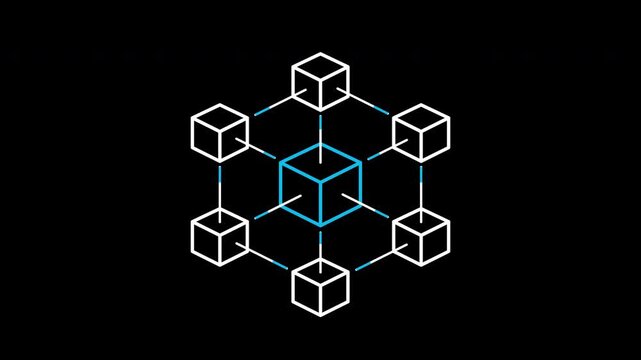 Blockchain technology network icon animation on transparent background showing connected cryptographic cubes with trim paths in and out. Decentralized fintech ledger, and digital banking concept.