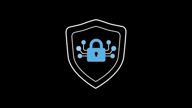 Financial data encryption icon animation on transparent background showing secure padlock shield and circuit with trim paths in and out. Cyber defense fintech banking, and network safety concept.