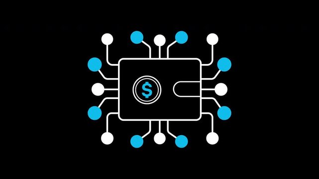Digital wallet icon animation on transparent background showing money pocket and microchip circuit with trim paths in and out. Electronic fintech payment storage, and smart crypto banking concept.