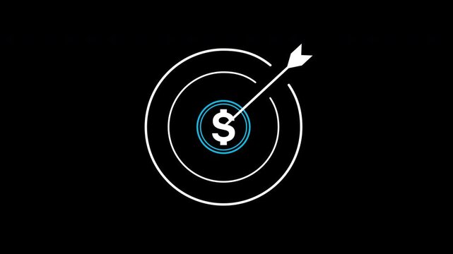 Financial target icon animation on transparent background showing bullseye dartboard with dollar coin and arrow with trim paths in and out. Investment business objective, and fintech banking idea.