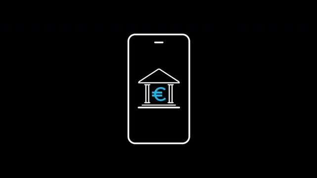 Mobile banking app icon animation on transparent background showing smartphone displaying bank building with trim paths in and out. Electronic fintech branch service, and digital finance concept.