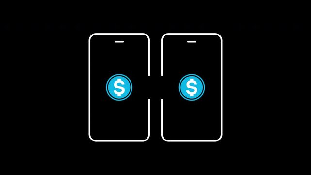 P2P mobile payment icon animation on transparent background showing two smartphones sending dollar coin with trim paths in and out. Digital banking remittance, and online fintech digital concept.