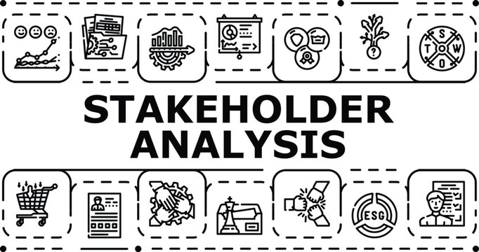Stakeholder analysis banner infographic. Power support, relationship impact, expectation strategy icon vector illustration