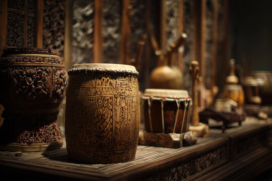 Traditional carved wooden drums displayed in ethnic cultural gallery