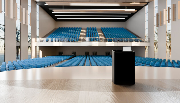 Conference room podium with microphone and laptop in modern auditorium