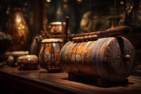 Traditional kendang drum with intricate ethnic wooden carvings