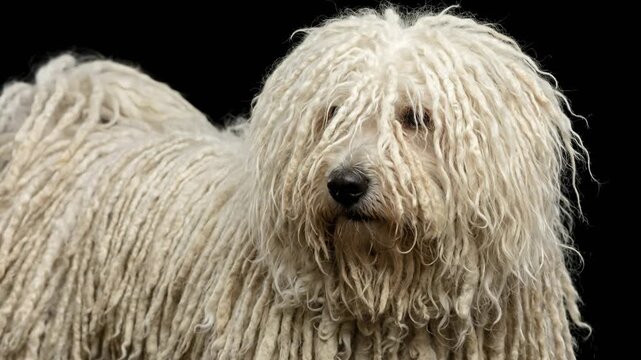 puli dog close up isolated on black background video