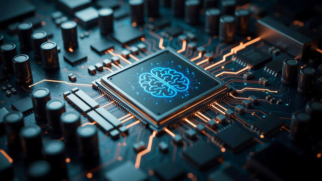 Futuristic computer processor chip on a motherboard featuring a glowing blue human brain representing artificial intelligence and advanced technology
