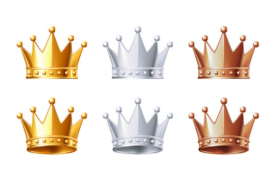 Gold silver and bronze crown vector icon set for 1st 2nd 3rd place ranking award isolated on white background