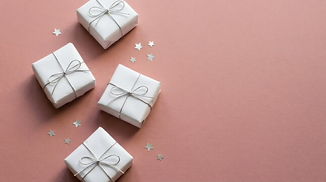 White gift boxes arranged on a soft pink surface with packaging