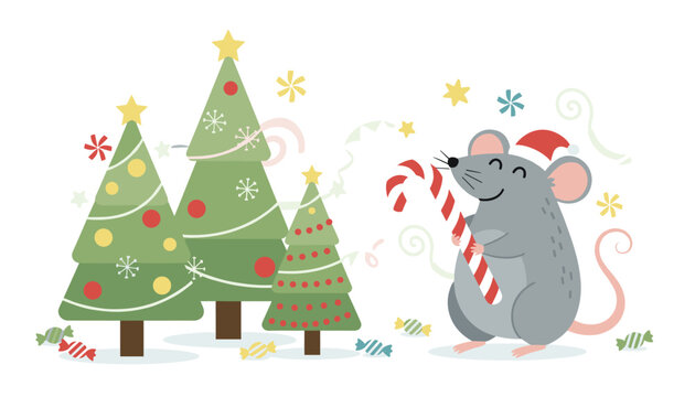 Charming gray mouse wearing a red Santa hat holds a striped candy cane while standing next to decorated Christmas trees and scattered candies nearby.