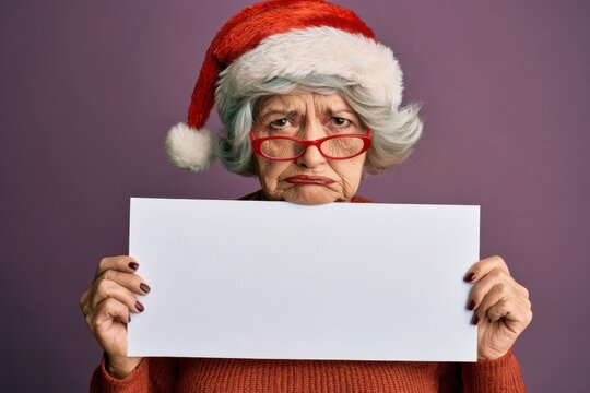 Sad Elderly Christmas Woman Holding Blank White Sign