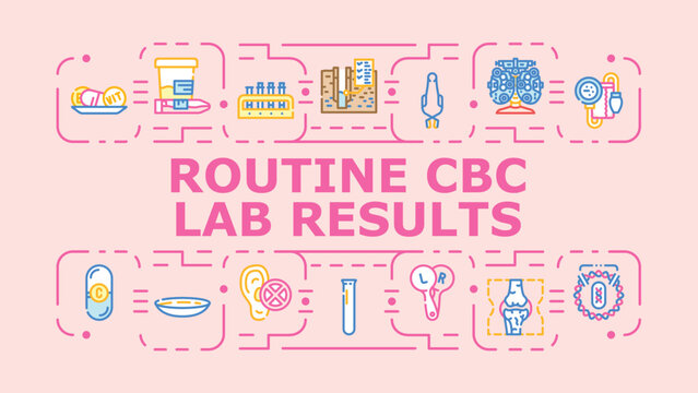 Routine cbc lab results banner infographic. Platelets anemia, screening infection, hemoglobin cell icon vector illustration