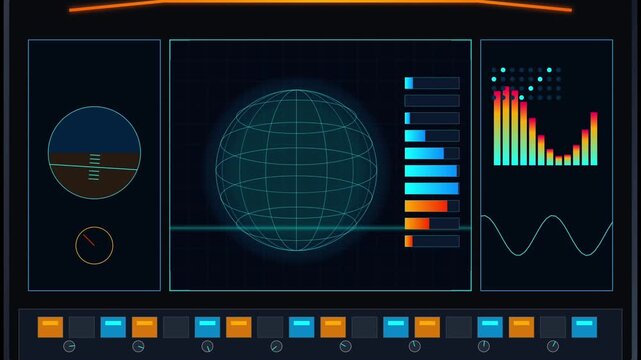 Futuristic digital interface with wireframe globe and data visualization