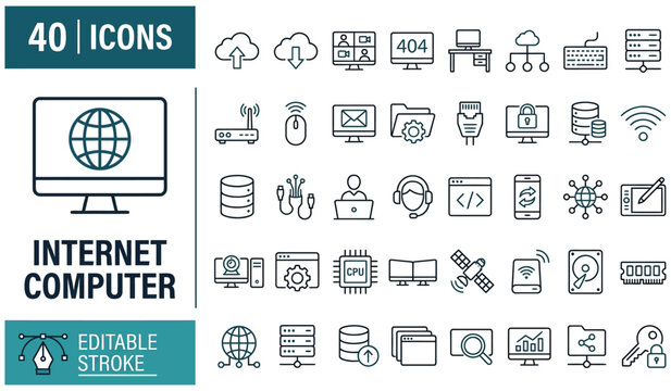 Internet and computer network line icons set for digital communication and web technology.