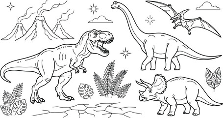 Coloring page vector line art of prehistoric dinosaurs featuring tyrannosaurus rex triceratops brachiosaurus pterodactyl and smoking volcanoes. © mst