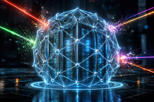 Glowing server vault encased in a floating polyhedral lattice repelling colorful quantum beam strikes &mdash; lattice cryptography post-quantum security infrastructure resilience and zero trust defense