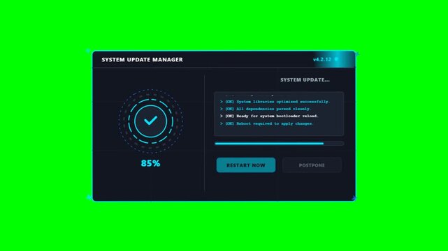 Digital software system update progress bar on a green screen background
