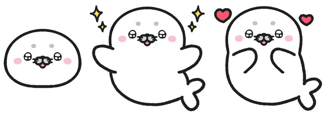 キラキラとした目で嬉しそうなアザラシのイラストセット © とりあいす