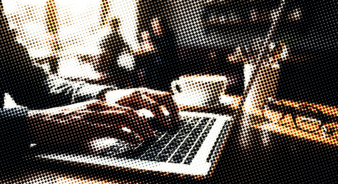 Hands typing on a laptop keyboard in a cafe with a stylized halftone dot texture halftone effect