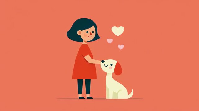 Cute girl standing and gently petting her white puppy while hearts float around them, showing pet ownership and affectionate companionship in flat minimalist animation style