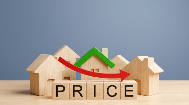 Wooden house model showing price crisis symbol with red downward arrow. Real estate property home. finance mortgage loan debt, investment planning insurance, risk bankruptcy