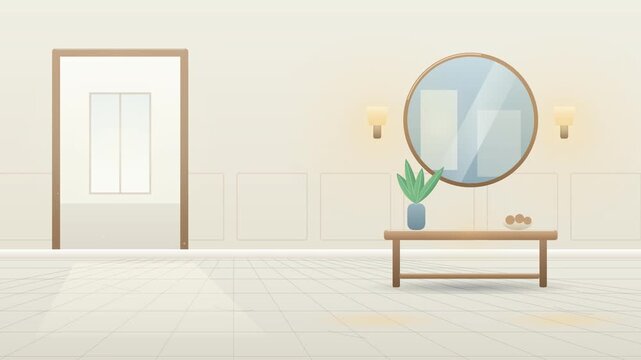 Minimalist interior design featuring a wooden console table with a round mirror and a potted plant in a bright hallway.